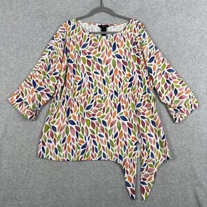 Ali Miles Leaf Print Tie Front Tunic Womens XL Stretch Asymmetrical Hem Boho